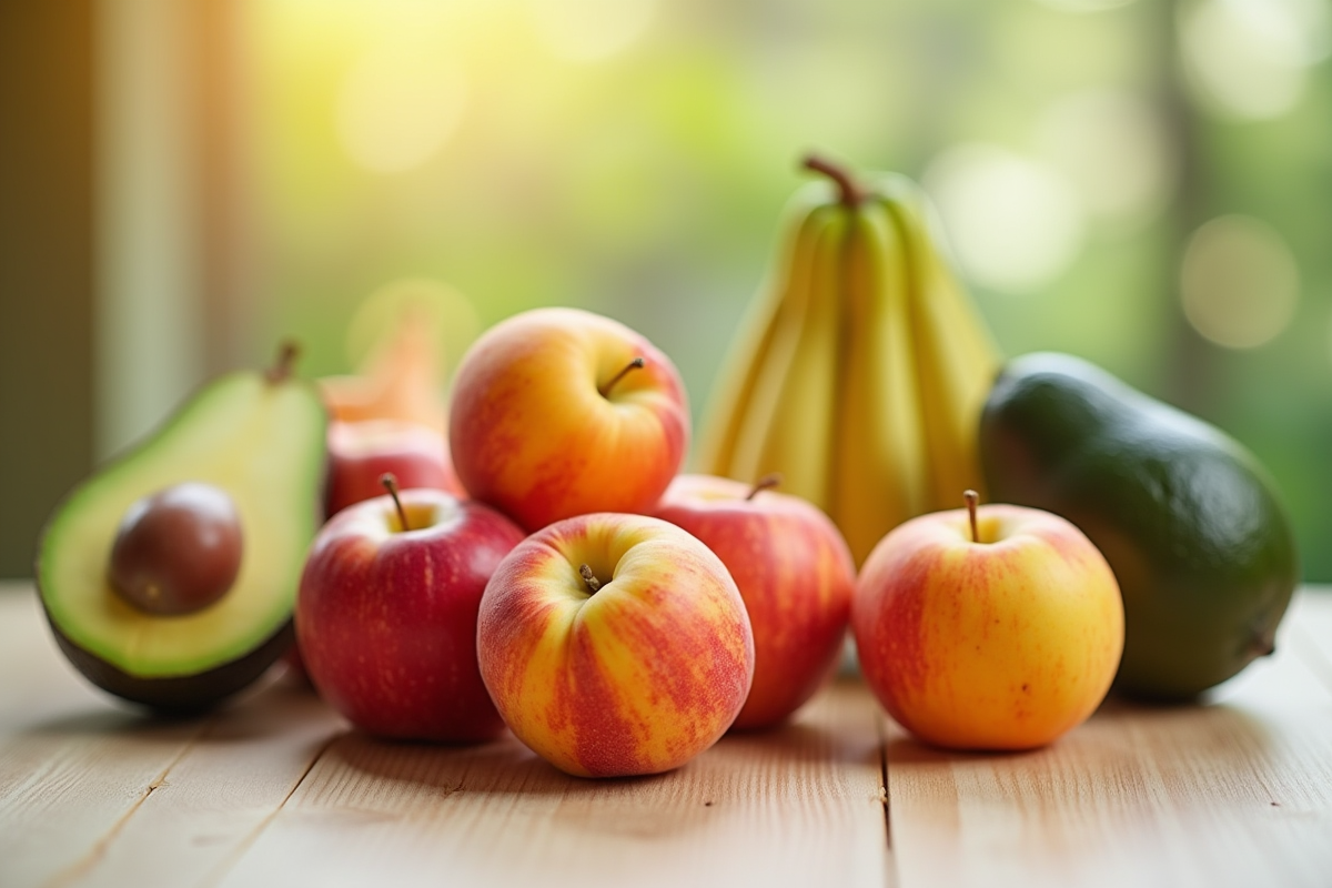 Fruits frais dabricots pommes et avocats sur une table en bois
