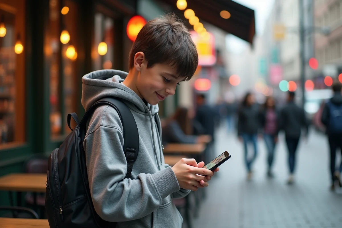 Adolescent souriant regardant son smartphone dans un café urbain