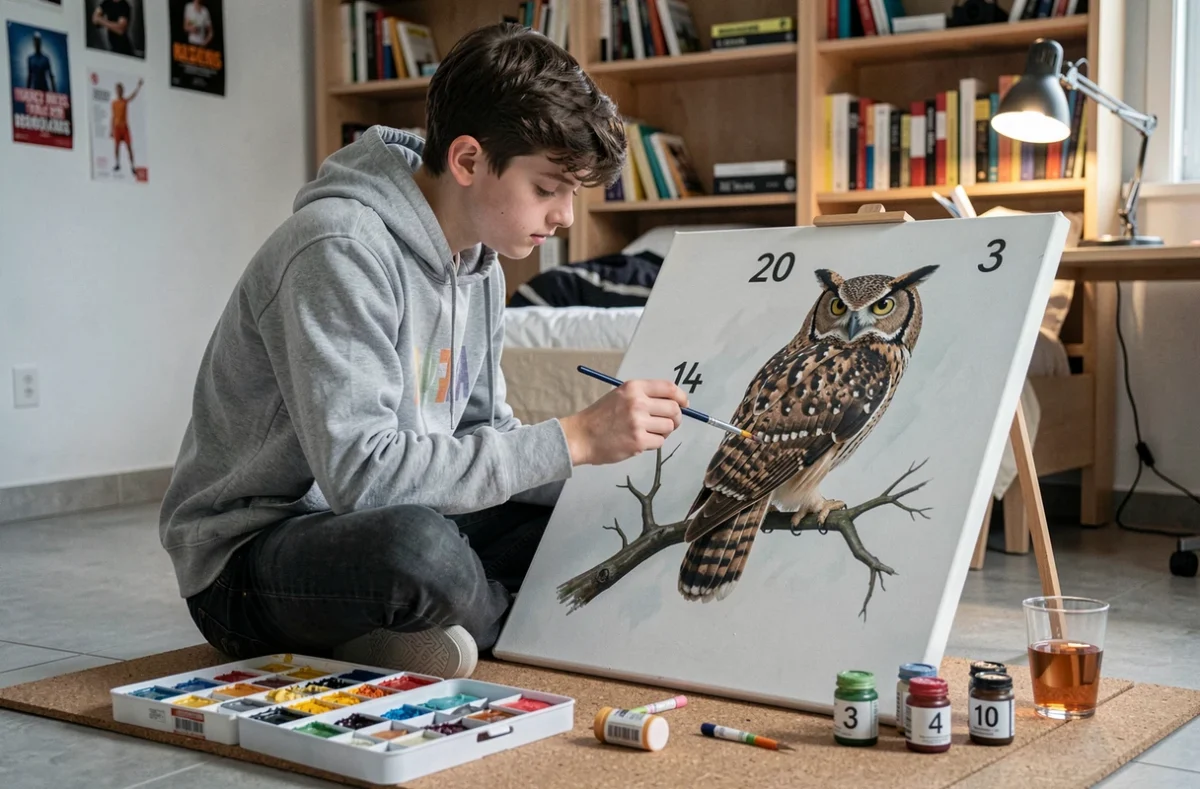 Adolescent peignant un tableau numéroté représentant un hibou réaliste dans sa chambre