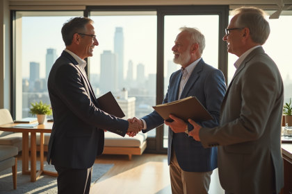 Agent immobilier souriant avec couple dans salon lumineux
