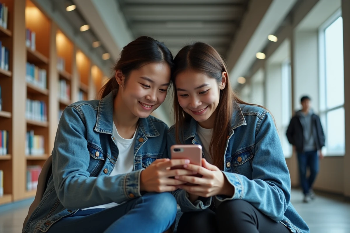 Deux amis partageant la lecture de scans en ligne sur smartphone dans une bibliothèque universitaire
