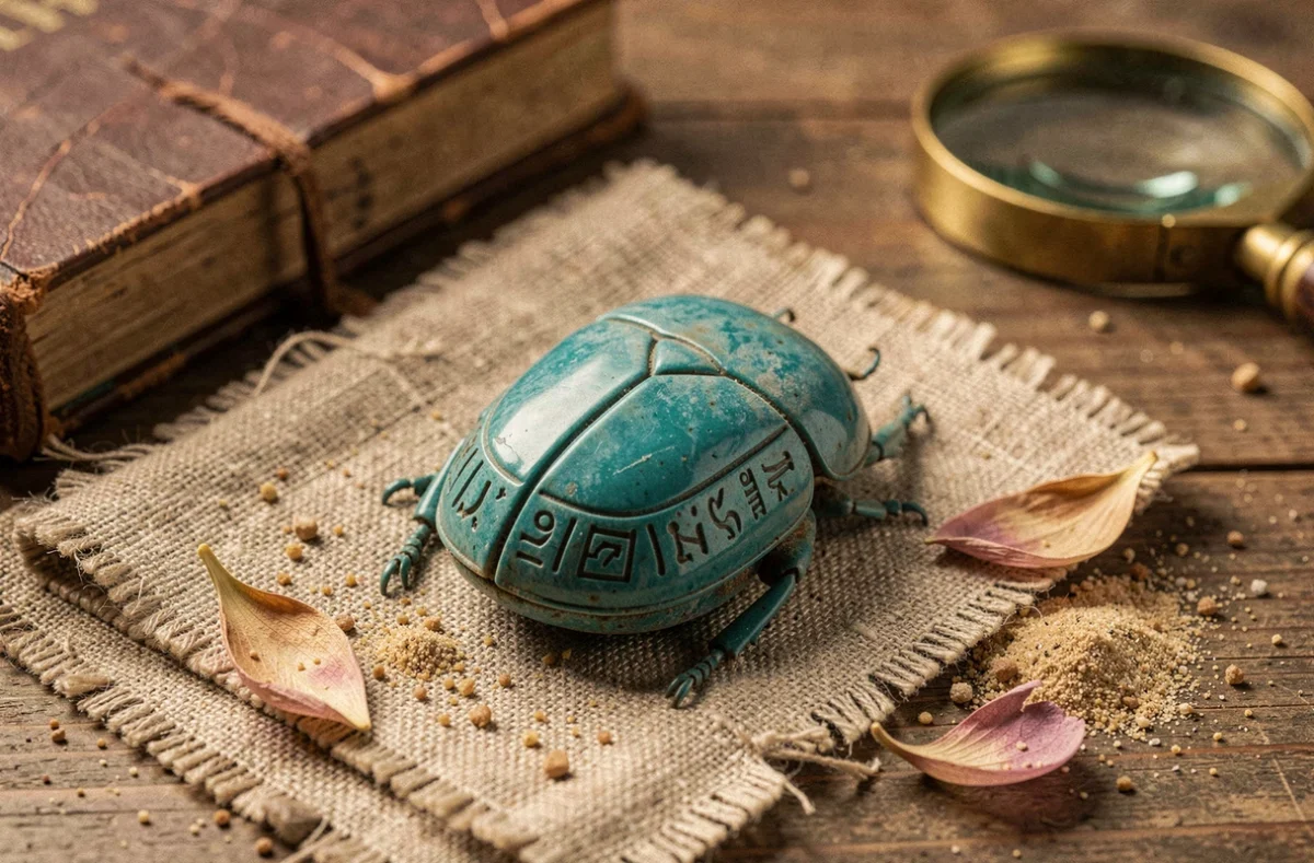 Amulette scarabée égyptien en faïence turquoise posée sur un tissu de lin ancien entouré de sable et pétales de lotus séchés