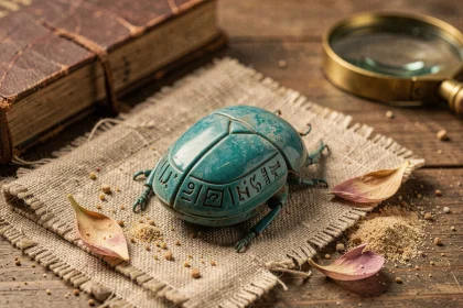 Amulette scarabée égyptien en faïence turquoise posée sur un tissu de lin ancien entouré de sable et pétales de lotus séchés
