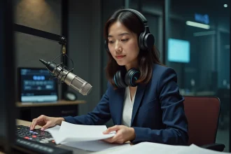 Animatrice radio féminine concentrée devant un micro de studio professionnel dans une cabine de diffusion