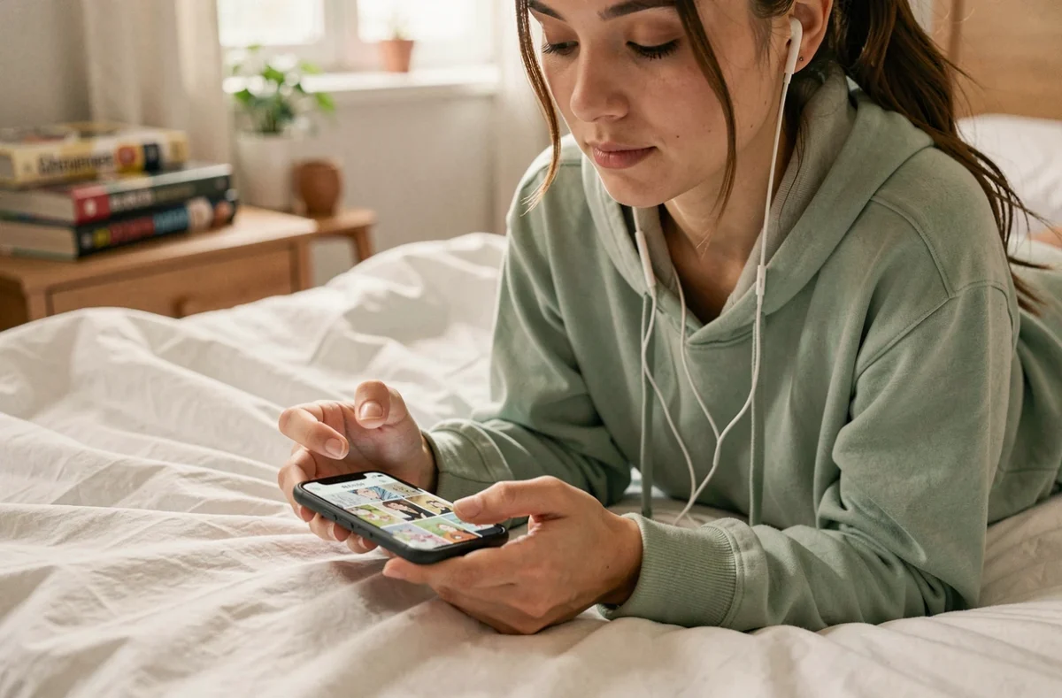 Jeune femme allongée sur son lit lisant les Carnets de l'Apothicaire en scan VF sur son téléphone portable