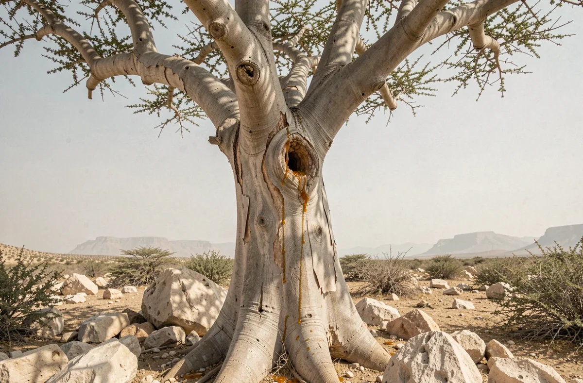 Arbre Boswellia sacra dans un paysage aride avec résine de louban qui s'écoule naturellement de l'écorce