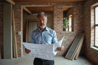 Architecte d age moyen examine des plans de rénovation dans une maison ancienne