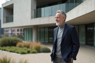 Architecte contemplant une structure en béton inspirée Breuer