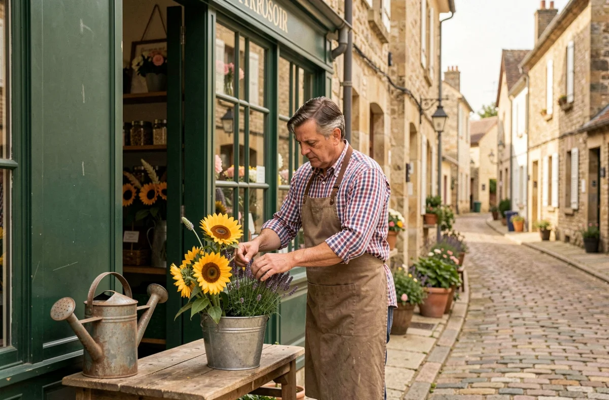Boutique L'Arrosoir à Percy-en-Normandie avec une devanture champêtre et des fleurs variées à l'extérieur