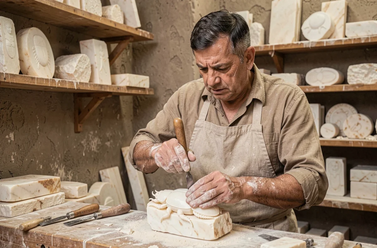 Artisan égyptien sculptant un scarabée en albâtre dans un atelier traditionnel du Caire avec des outils en bois