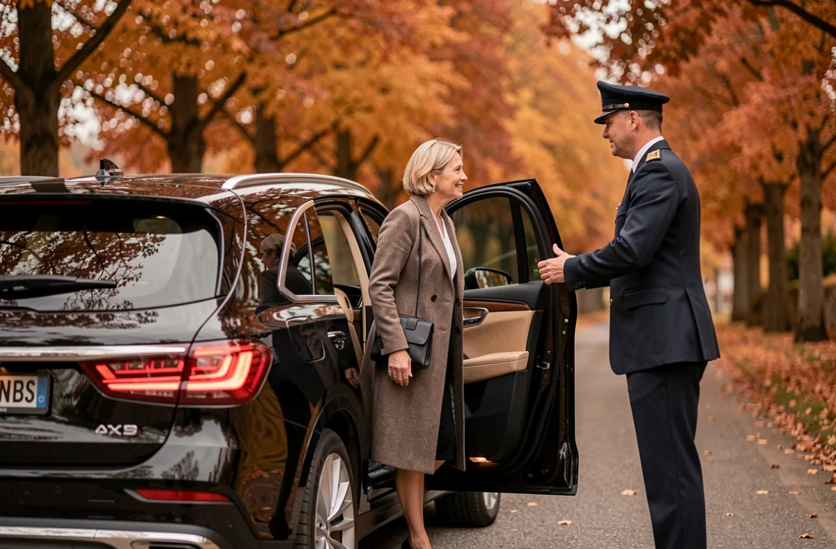 Passagère VIP montant dans un SUV noir tenu par un chauffeur en uniforme sur une route arborée du Doubs, service AS Transports VIP