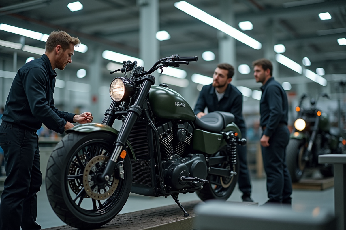 Ingénieurs assemblant une moto militaire moderne en usine