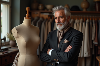 Homme élégant en costume dans un atelier couture vintage