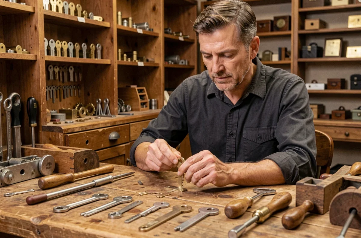 Artisan serrurier de l'Atelier Navarro limant une ébauche de clé à la main dans son atelier indépendant dans l'Allier
