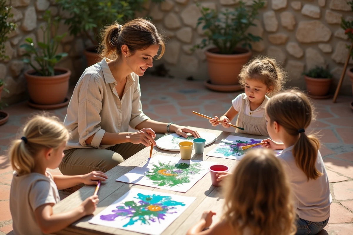 Atelier de peinture abstraite pour enfants en plein air avec une animatrice sur une terrasse ensoleillée