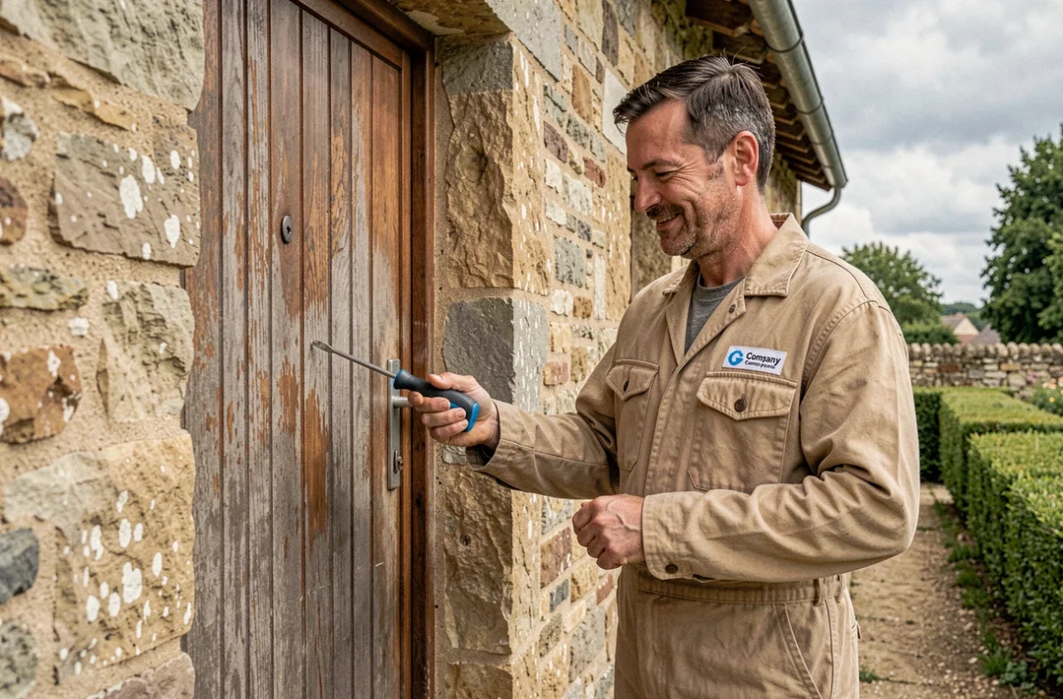 Artisan de Bardin Entretien Rénovation inspectant une poignée de porte récemment installée sur une maison rurale en pierre dans l'Allier