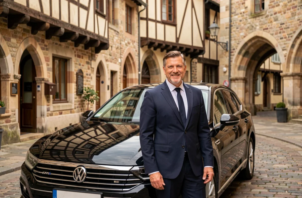 Chauffeur VTC Bertrand Bartollino en costume marine debout près d'une berline noire dans une rue pavée de Dijon