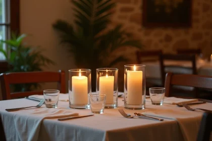 Bougies pilier dans des photophores en verre sur une table de restaurant rustique, ambiance chandelle intime et chaleureuse