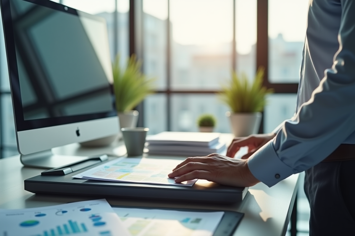 Espace de travail moderne avec scanner et documents colorés