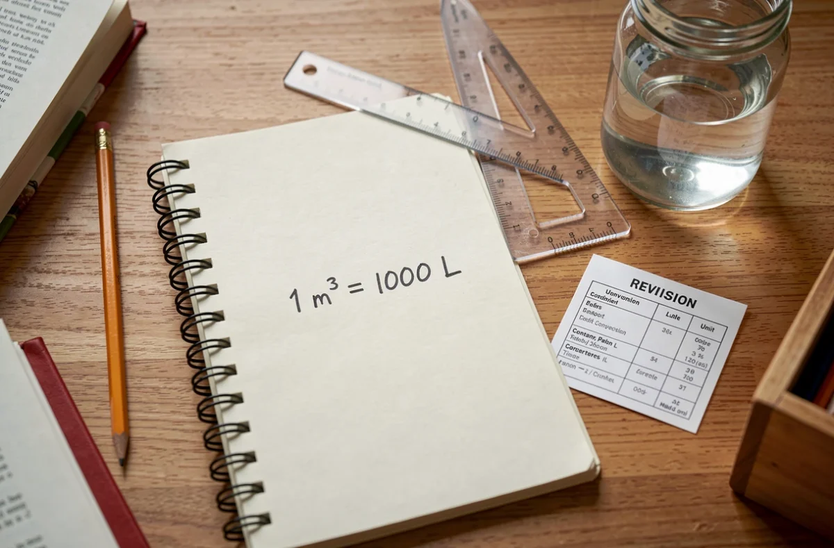 Vue à plat d'un cahier de révision avec la formule de conversion litre en mètre cube sur un bureau d'étudiant