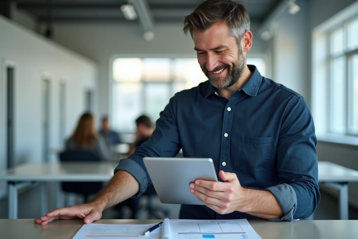 Homme en bureau calculant le nombre de jours entre deux dates sur une tablette avec un site web spécialisé