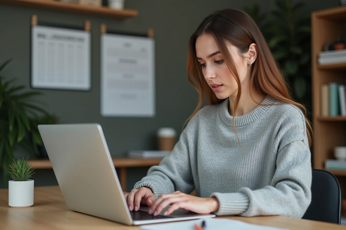 Femme utilisant un calculateur de nombre de jours entre deux dates sur un ordinateur portable dans un bureau à domicile