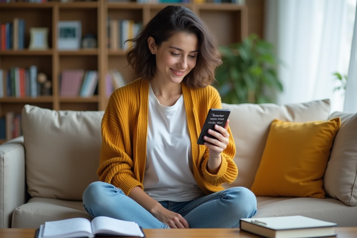 Jeune femme assise sur un canapé calculant un écart de jours entre deux dates sur smartphone avec un agenda papier ouvert