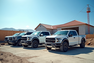 Ligne de camions pickup modernes sur un chantier en plein jour