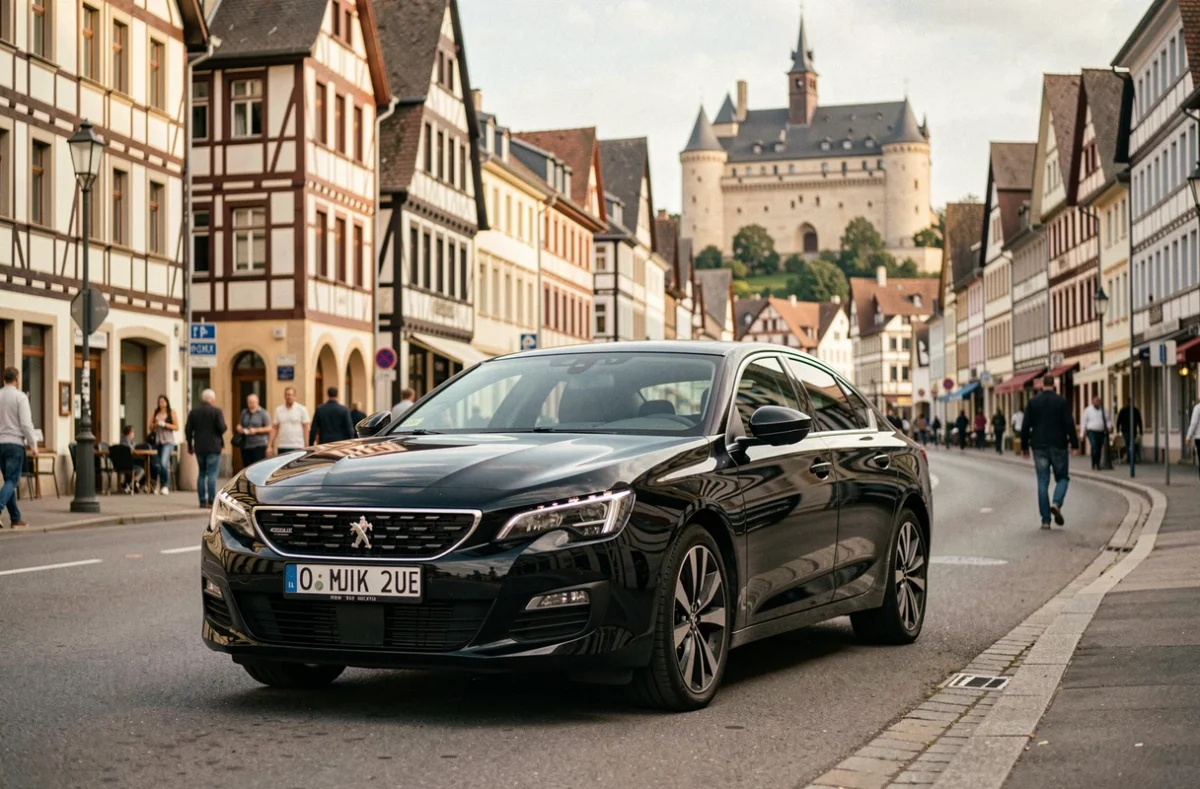 Peugeot 508 noire de VTC garée sur un boulevard de Montbéliard avec le château en arrière-plan, service CAR-VTC