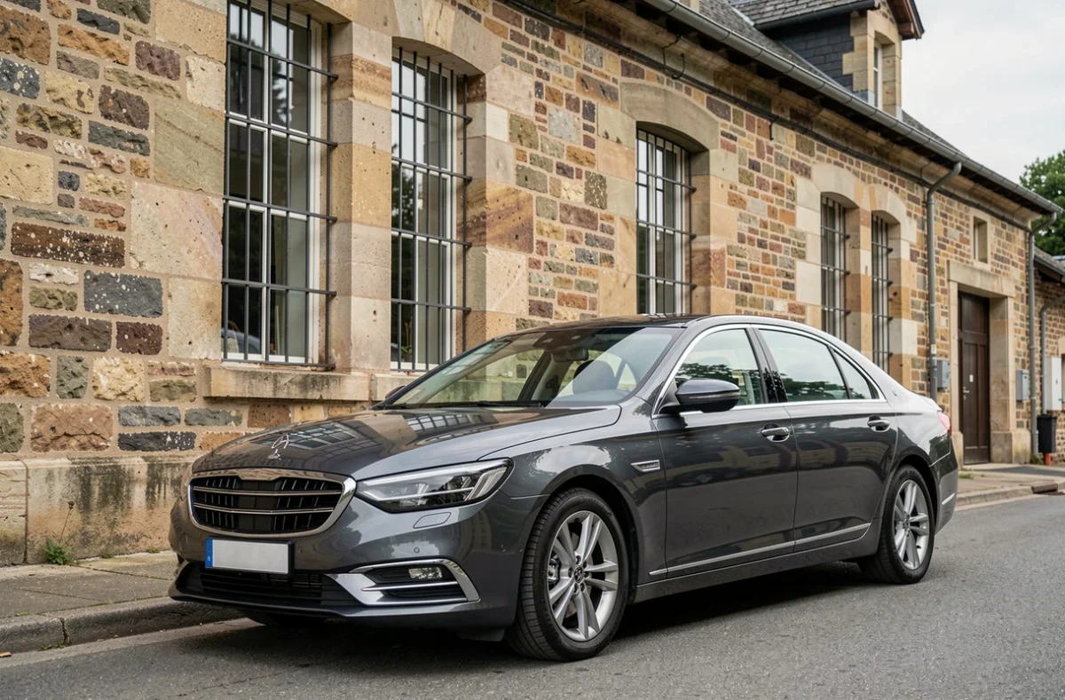 Berline grise de VTC stationnée devant un bâtiment en pierre à Valentigney dans le Doubs, service Car-VTC