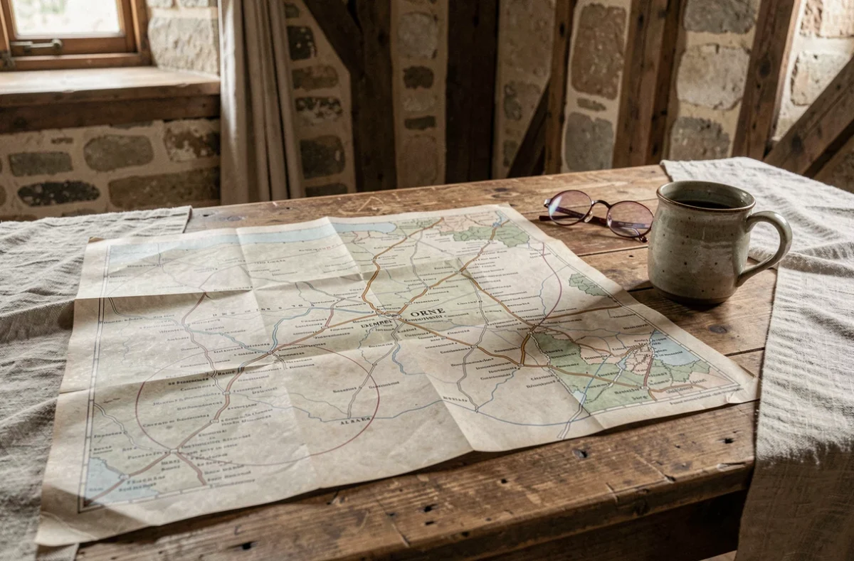 Carte routière du département de l'Orne dépliée sur une table en bois dans une ferme normande traditionnelle