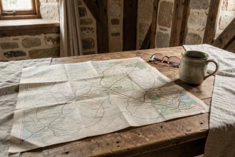 Carte routière du département de l'Orne dépliée sur une table en bois dans une ferme normande traditionnelle