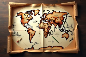 Carte du monde vintage étalée sur un bureau en chêne avec boussole et crayons, illustrant la superficie des pays du monde