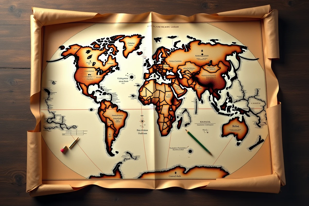 Carte du monde vintage étalée sur un bureau en chêne avec boussole et crayons, illustrant la superficie des pays du monde