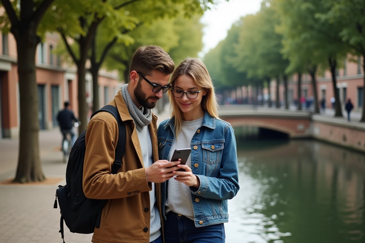 Couple consultant une carte numérique de Toulouse au bord du Canal du Midi pour se repérer