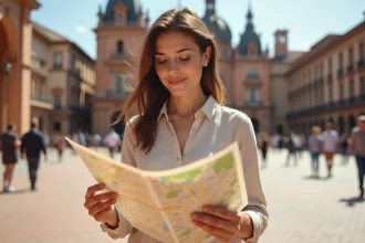 Femme consultant une carte de Toulouse devant le Capitole pour s'orienter dans la ville rose