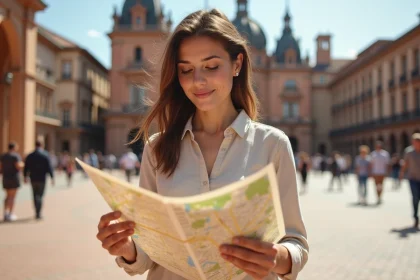 Femme consultant une carte de Toulouse devant le Capitole pour s'orienter dans la ville rose