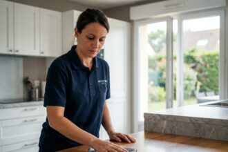 Professionnelle de Centre Services en uniforme nettoyant le plan de travail d'une cuisine moderne à Maurepas