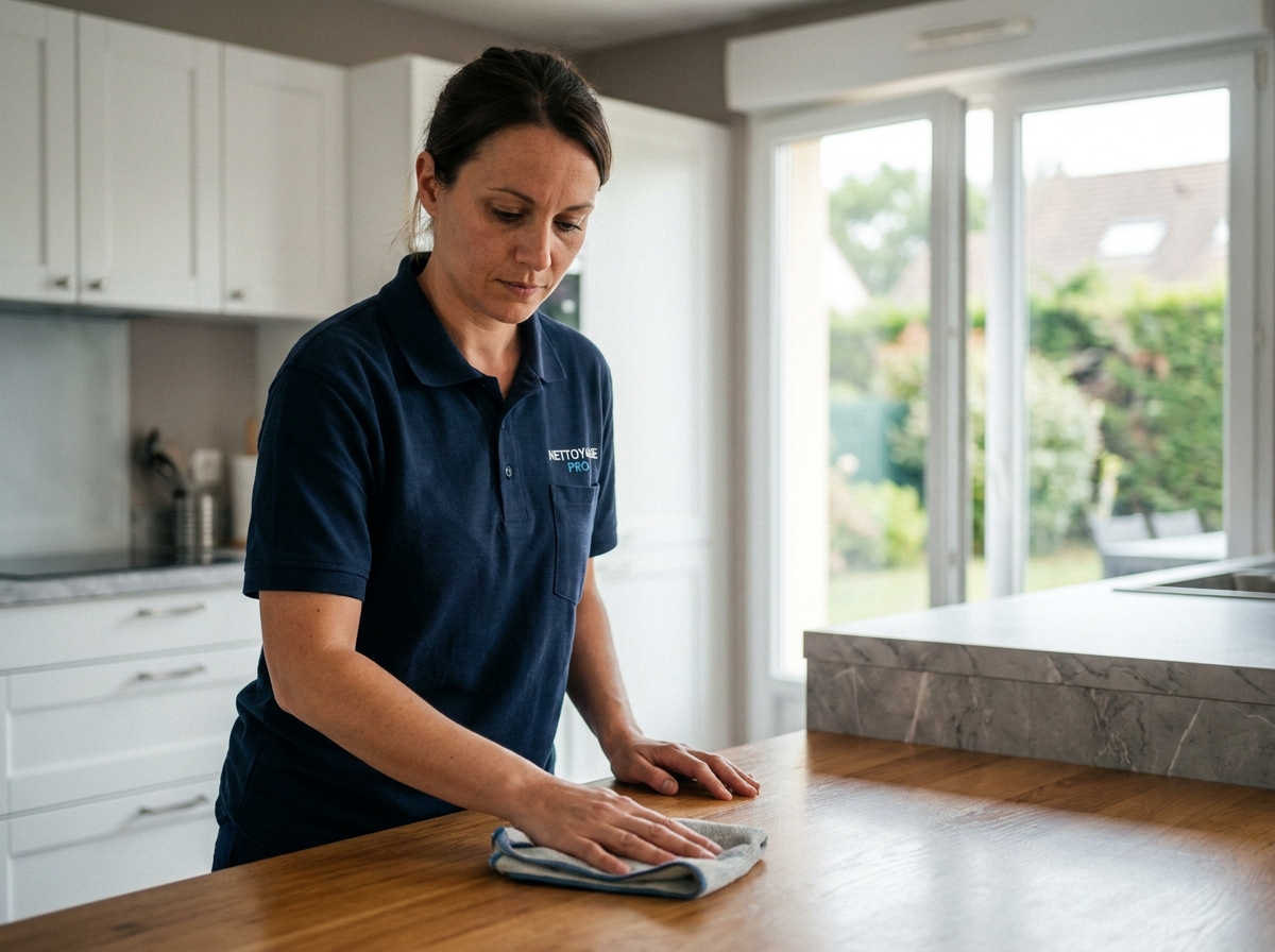 Professionnelle de Centre Services en uniforme nettoyant le plan de travail d'une cuisine moderne à Maurepas