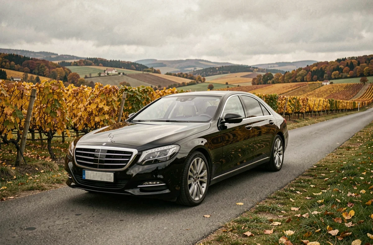 Berline noire de luxe garée sur une route de Bourgogne-Franche-Comté entourée de vignes automnales, illustration du top 10 des chauffeurs VTC de la région