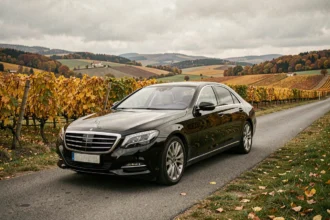Berline noire de luxe garée sur une route de Bourgogne-Franche-Comté entourée de vignes automnales, illustration du top 10 des chauffeurs VTC de la région