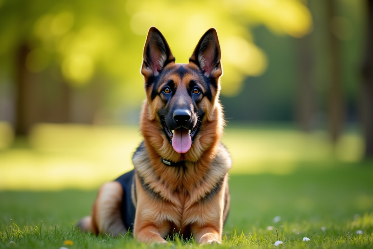 Chien allemand shepherd assis dans un parc ensoleille