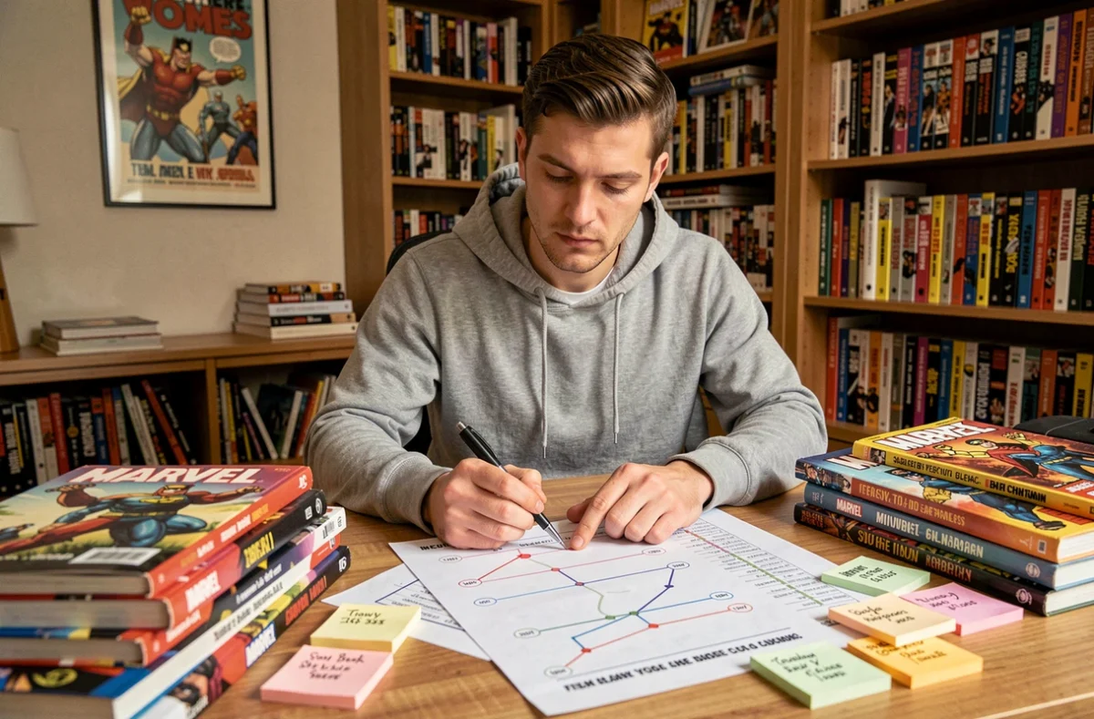 Homme organisant une chronologie de films Marvel et DC Comics avec des personnages notés sur papier et des post-its colorés sur un bureau en bois