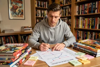 Homme organisant une chronologie de films Marvel et DC Comics avec des personnages notés sur papier et des post-its colorés sur un bureau en bois