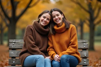Deux amies sincères riant ensemble sur un banc en bois dans un parc automnal, illustrant une amitié forte et authentique