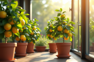 Balcon ensoleille avec plusieurs citronniers en pots