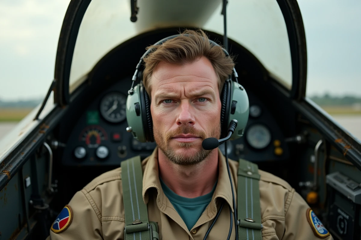 Pilote enthousiaste en tenue de vol installé dans le cockpit arrière d'un F-4 Phantom II restauré, montrant les instruments analogiques et le siège éjectable