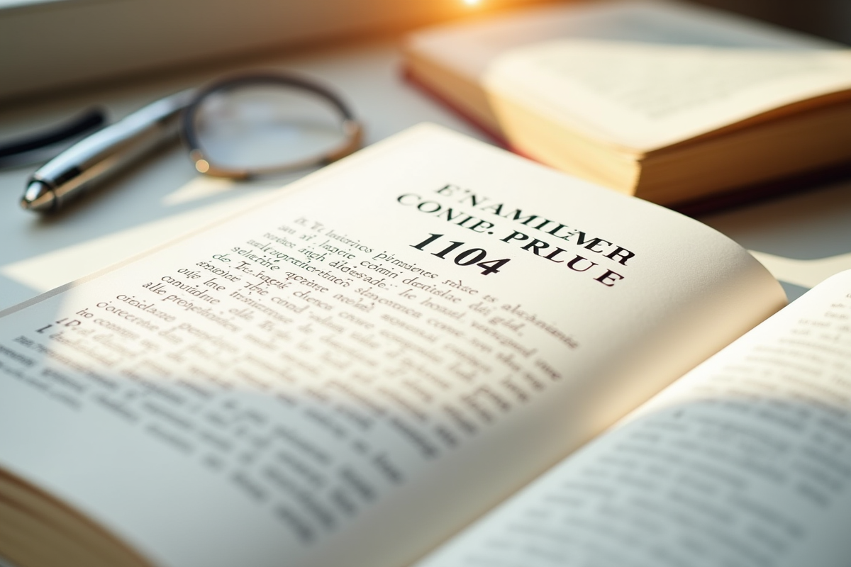 Livre de code civil français ouvert avec article 1104 en évidence