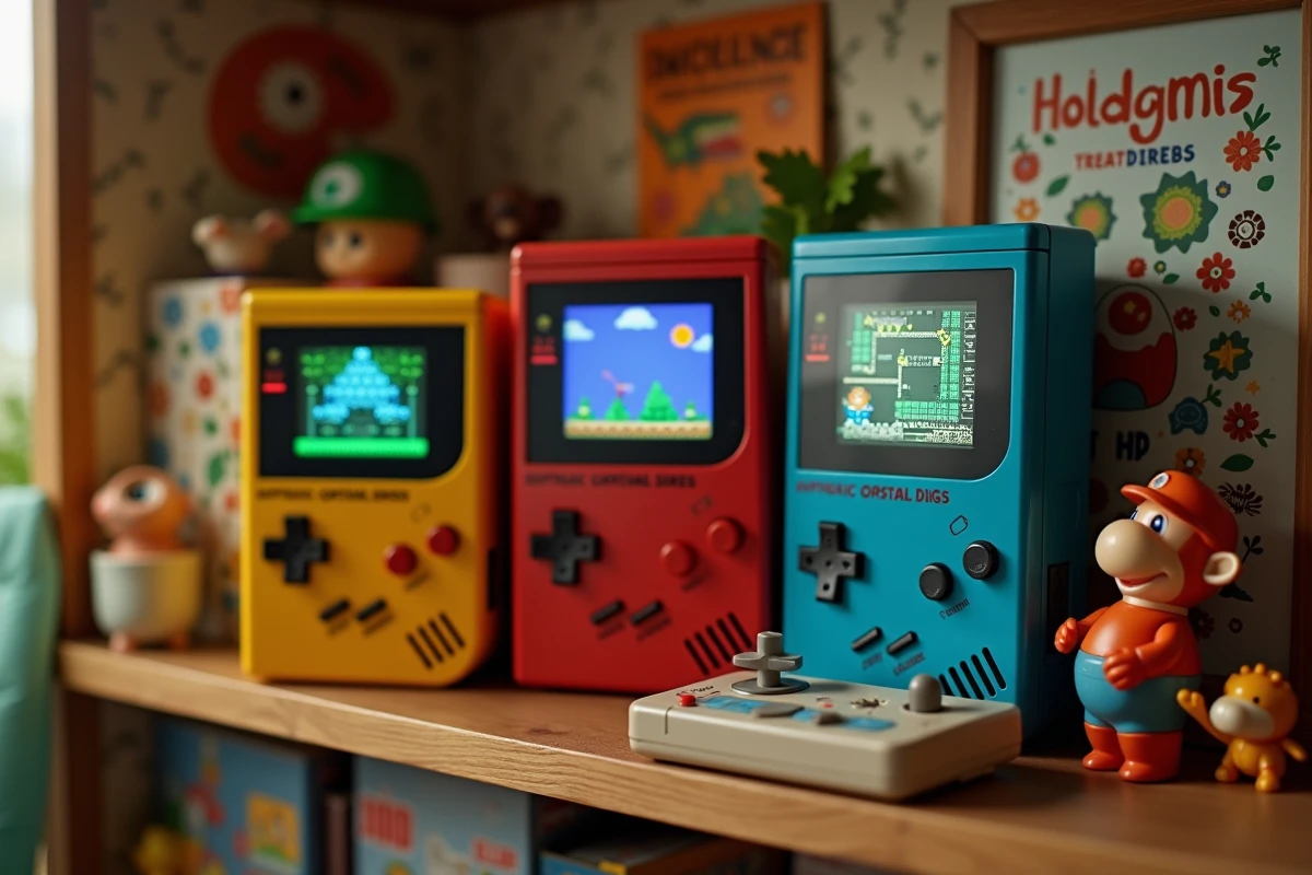 Collection de mini consoles rétro colorées disposées sur une étagère en bois avec des cartouches vintage dans une chambre d'enfant