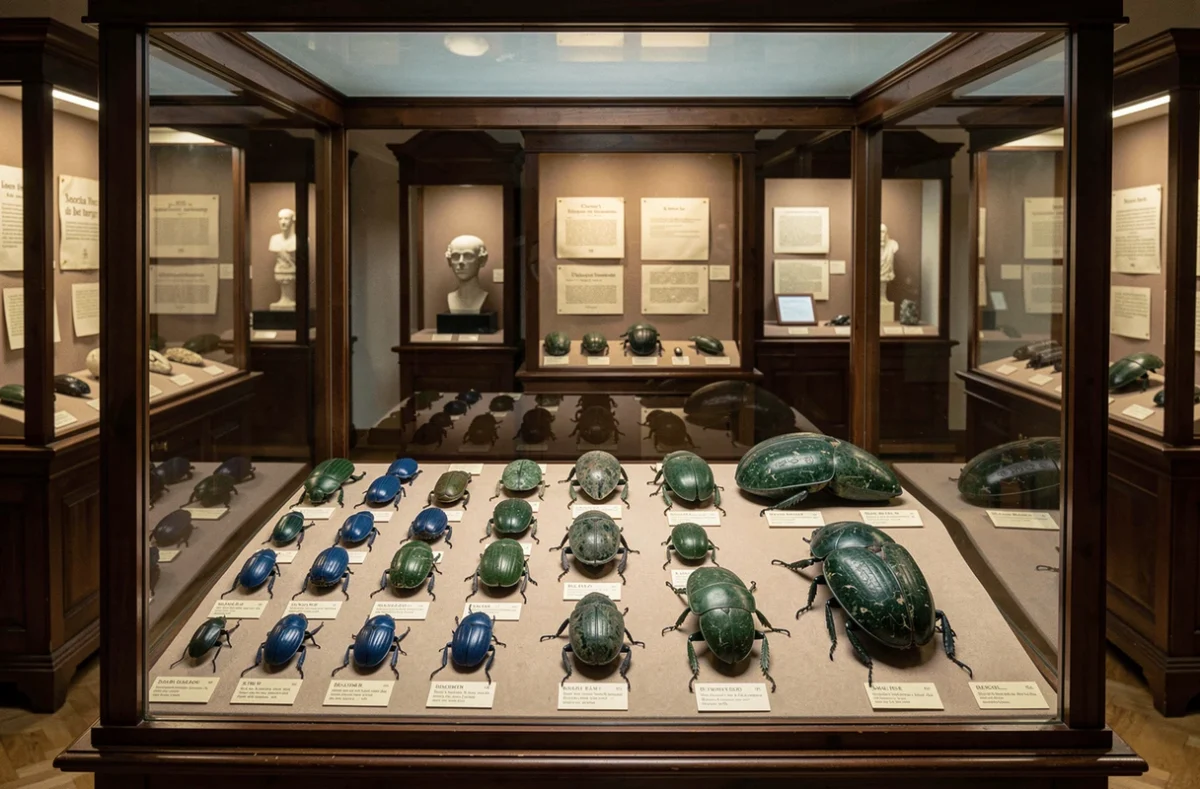 Collection d'amulettes scarabées égyptiennes exposées dans une vitrine de musée incluant des spécimens en faïence et jaspe vert